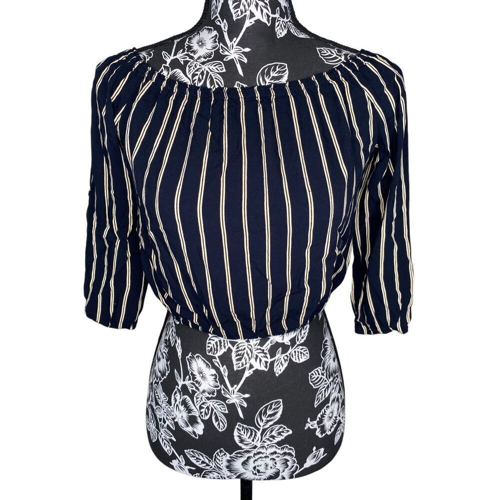 Brandy Melville Navy Stripe Off Shoulder Peasant Top Rayon Puff Sleeve Blouse